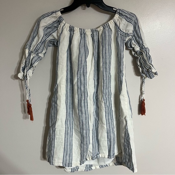 Altar’d State White Blue Striped 100% Linen Mini Dress Off Shoulder Size Small - Picture 10 of 10